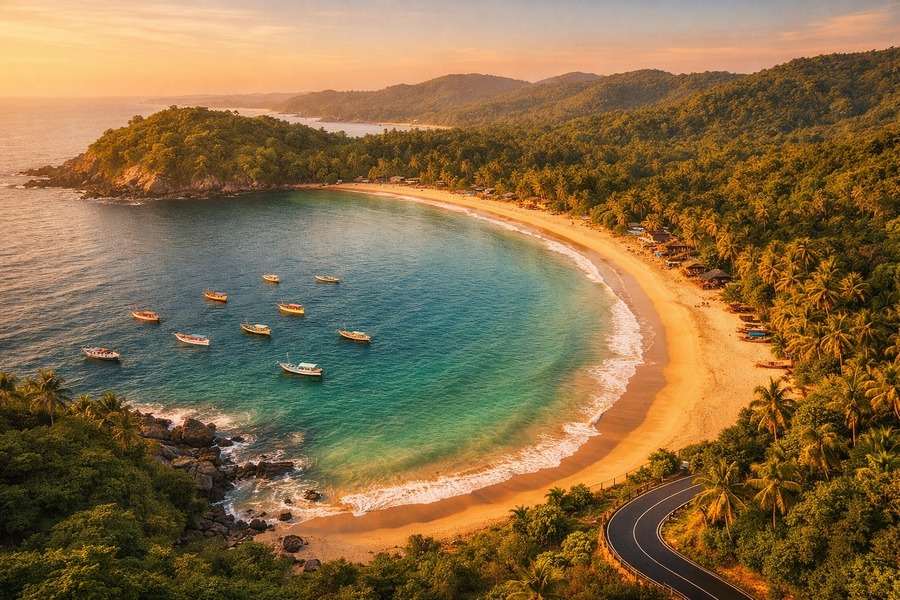 South Goa beach aerial at sunset