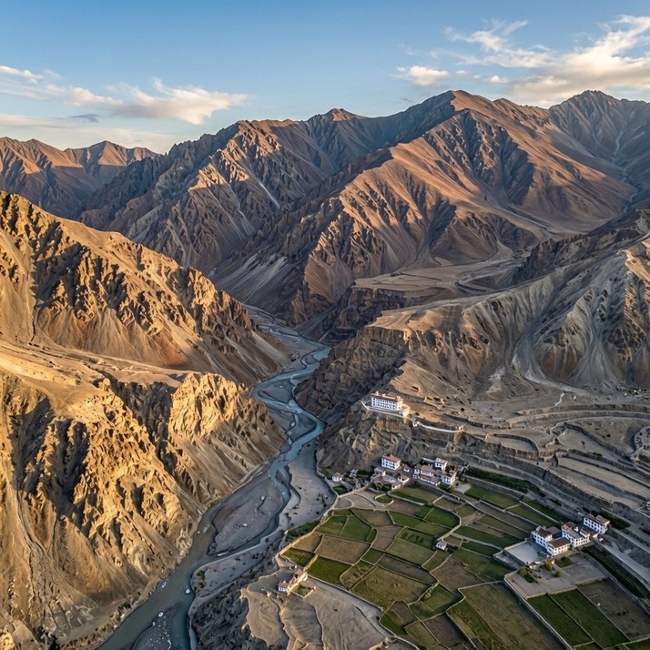 Spiti Valley monastery and terraced fields at golden hour